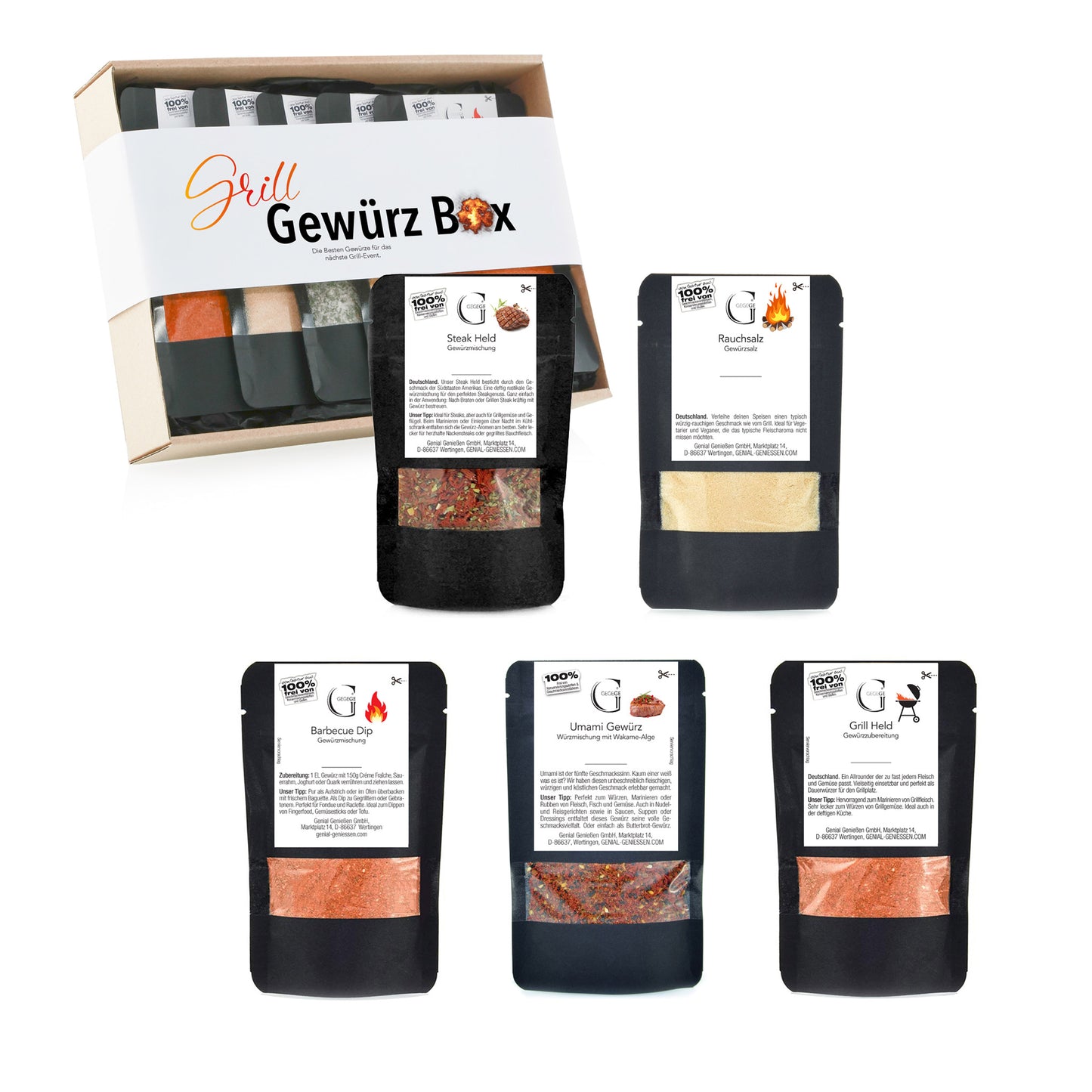 Geschenkbox von Genial Genießen mit aromatischen Grillgewürzen für echte Grillfans – ideal zum Würzen, Marinieren und Verfeinern von BBQ-Spezialitäten.