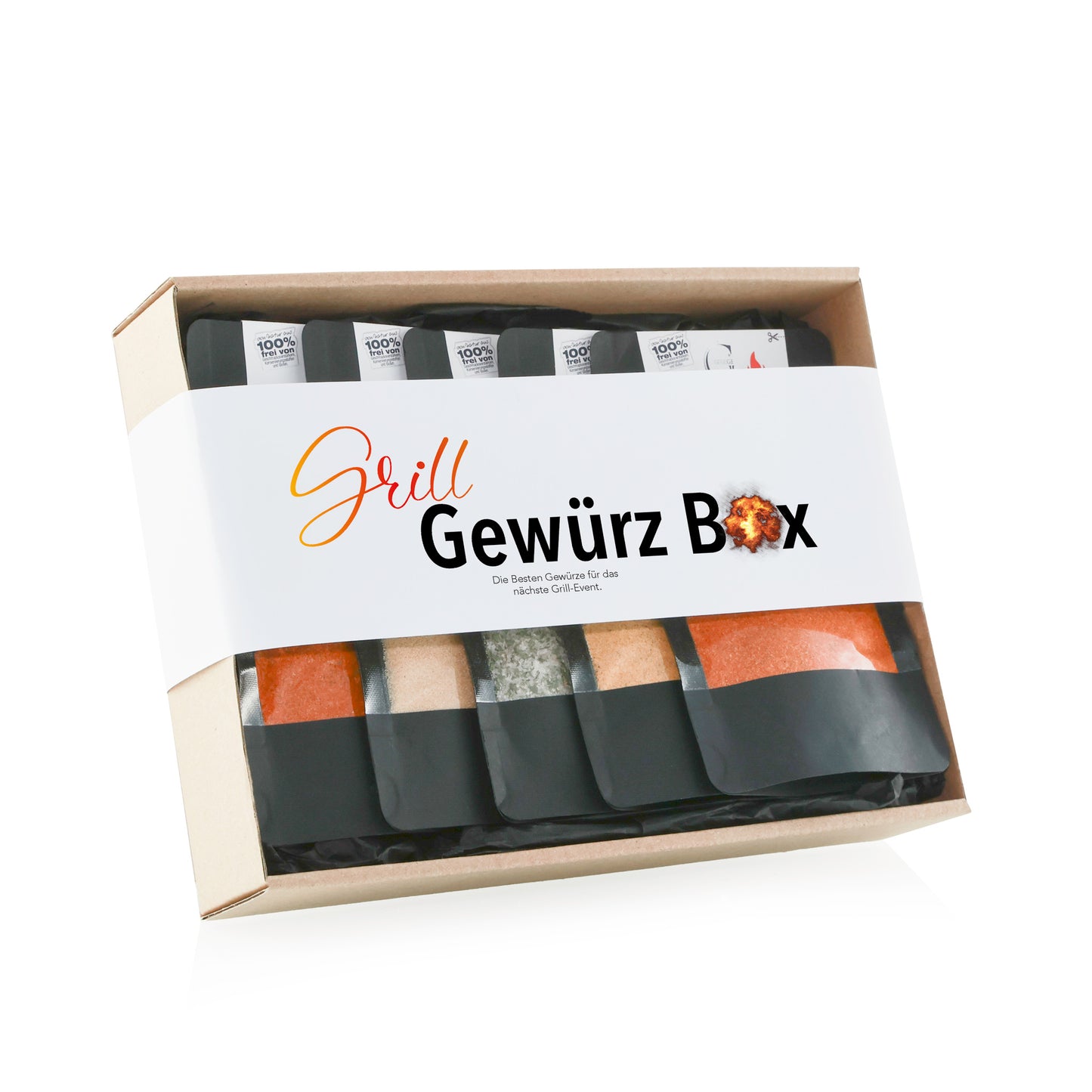 Genial Genießen Grillgewürz Box Geschenkset mit ausgewählten Gewürzmischungen für Fleisch, Fisch, Gemüse und Grillgerichte in hochwertiger Geschenkverpackung.
