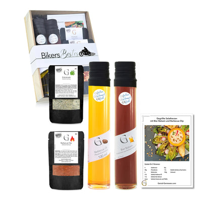 Geschenkset „Bikers Bestes“ von Genial Genießen mit ausgewählten Dips, Gewürzen und BBQ-Zutaten wie Barbecue-Öl und Bier-Balsam für herzhaften Grillgenuss unterwegs und zuhause.
