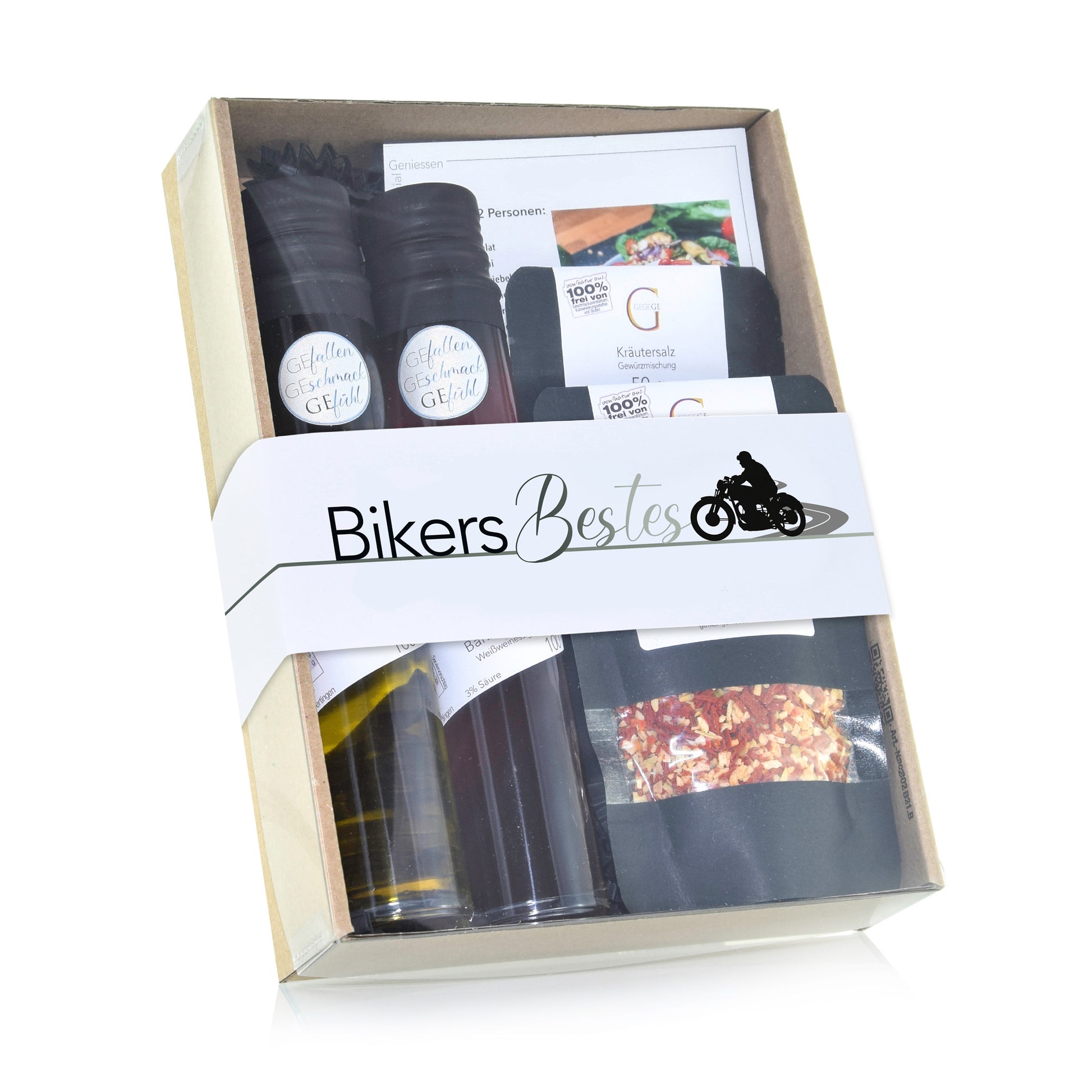 Genial Genießen Bikers Bestes Hobby-Set mit Grillgewürzen, Barbecue-Öl, Bier-Balsam und Kräutersalz in hochwertiger Geschenkverpackung für Motorrad- und Grillliebhaber.