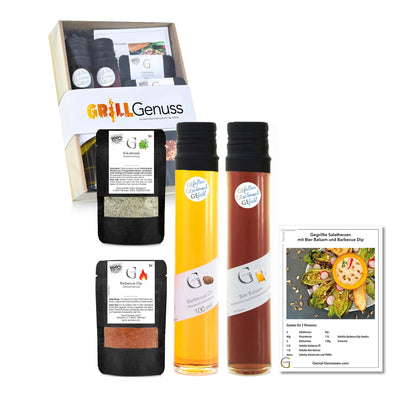 Hochwertiges Grill Geschenkset von Genial Genießen mit Gewürzen, Ölen und Rezeptkarte für Fleisch, Gemüse und BBQ-Spezialitäten