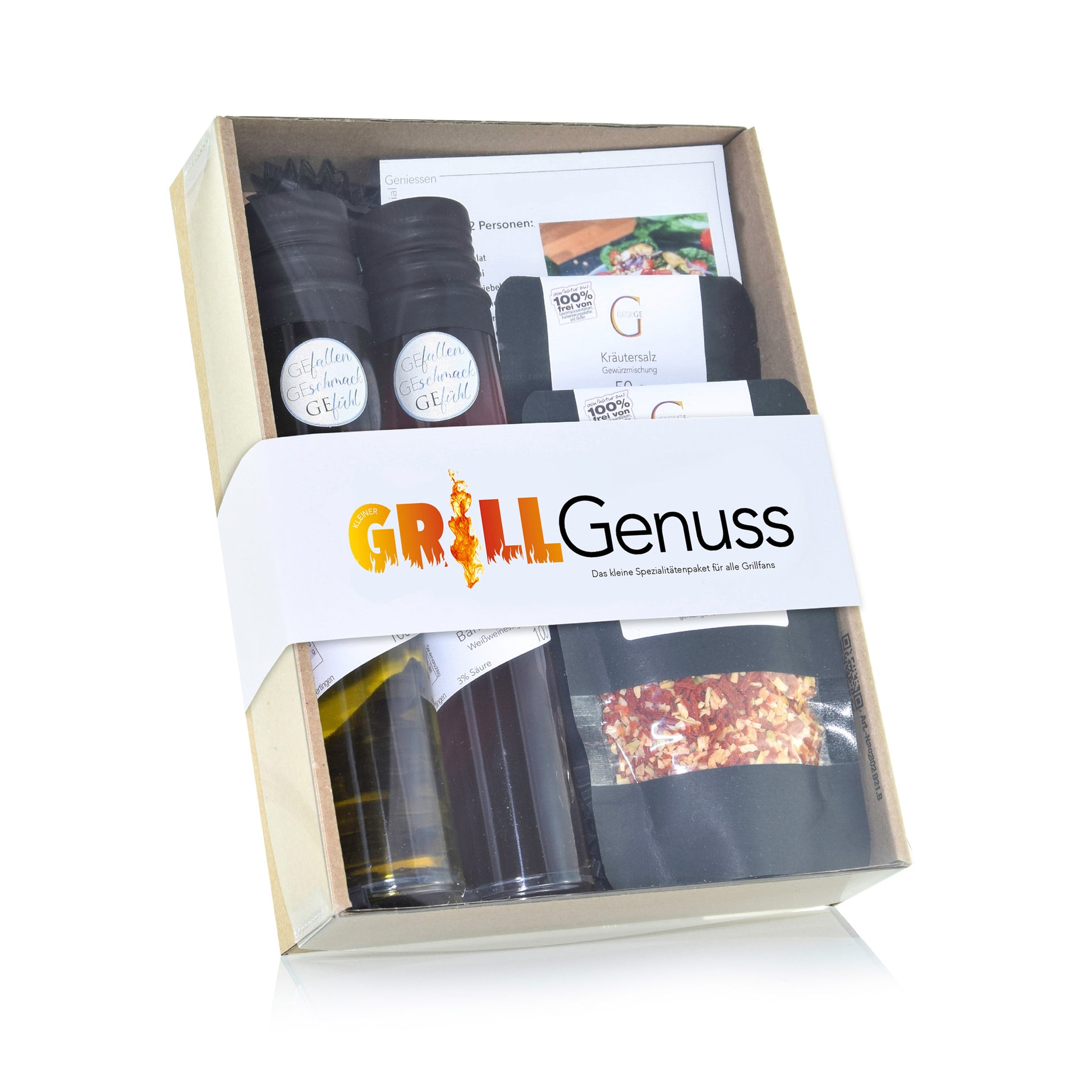 Kleiner Grill Genuss Geschenkset von Genial Genießen mit Barbecue Öl, Bier Balsam, Kräutersalz und Dip Gewürz für perfekte Grillabende