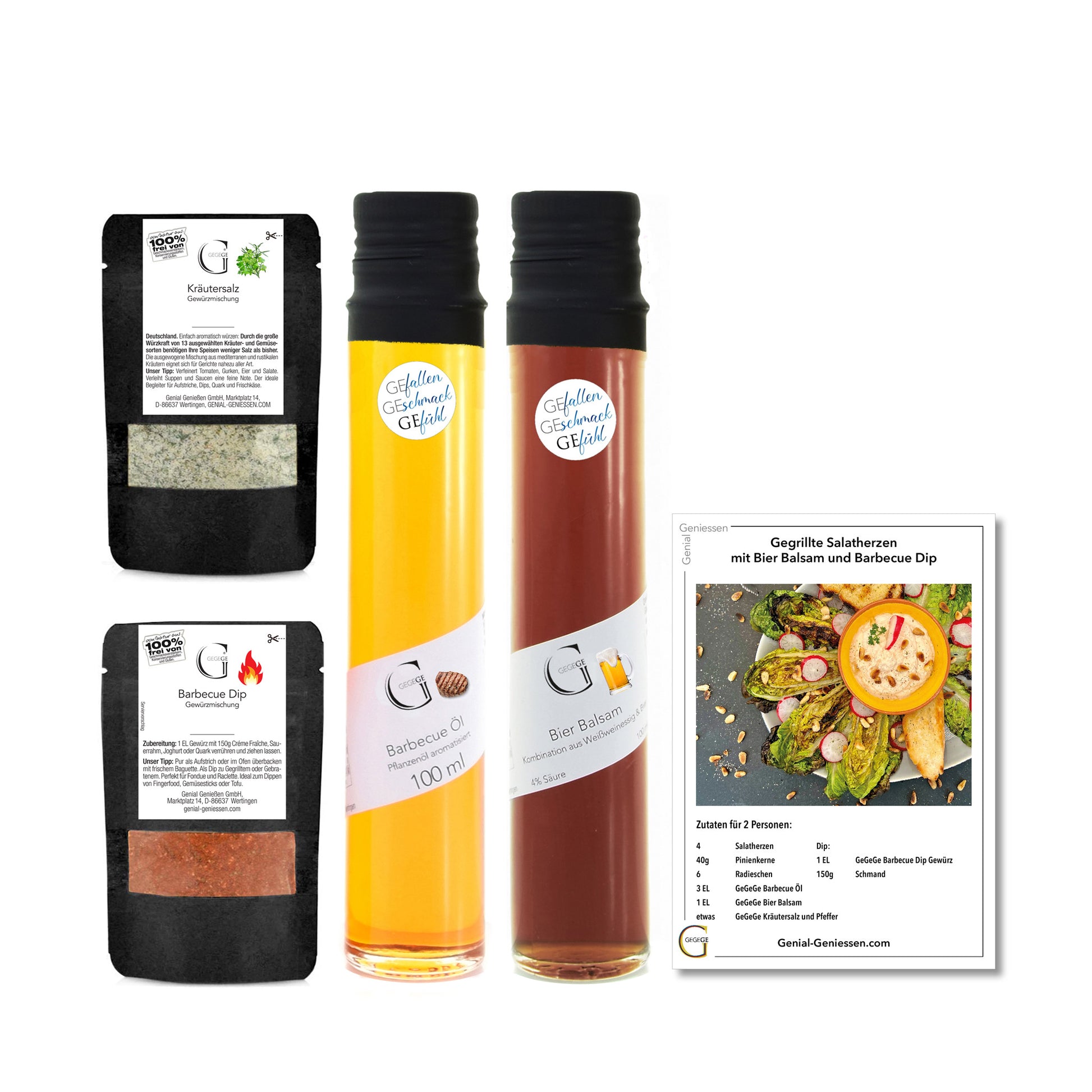 Liebevoll zusammengestelltes Kleiner Grill Genuss Geschenkset von Genial Genießen mit feinen Grillzutaten, Marinaden und Gewürzen in edlem Geschenkkarton mit Banderole.