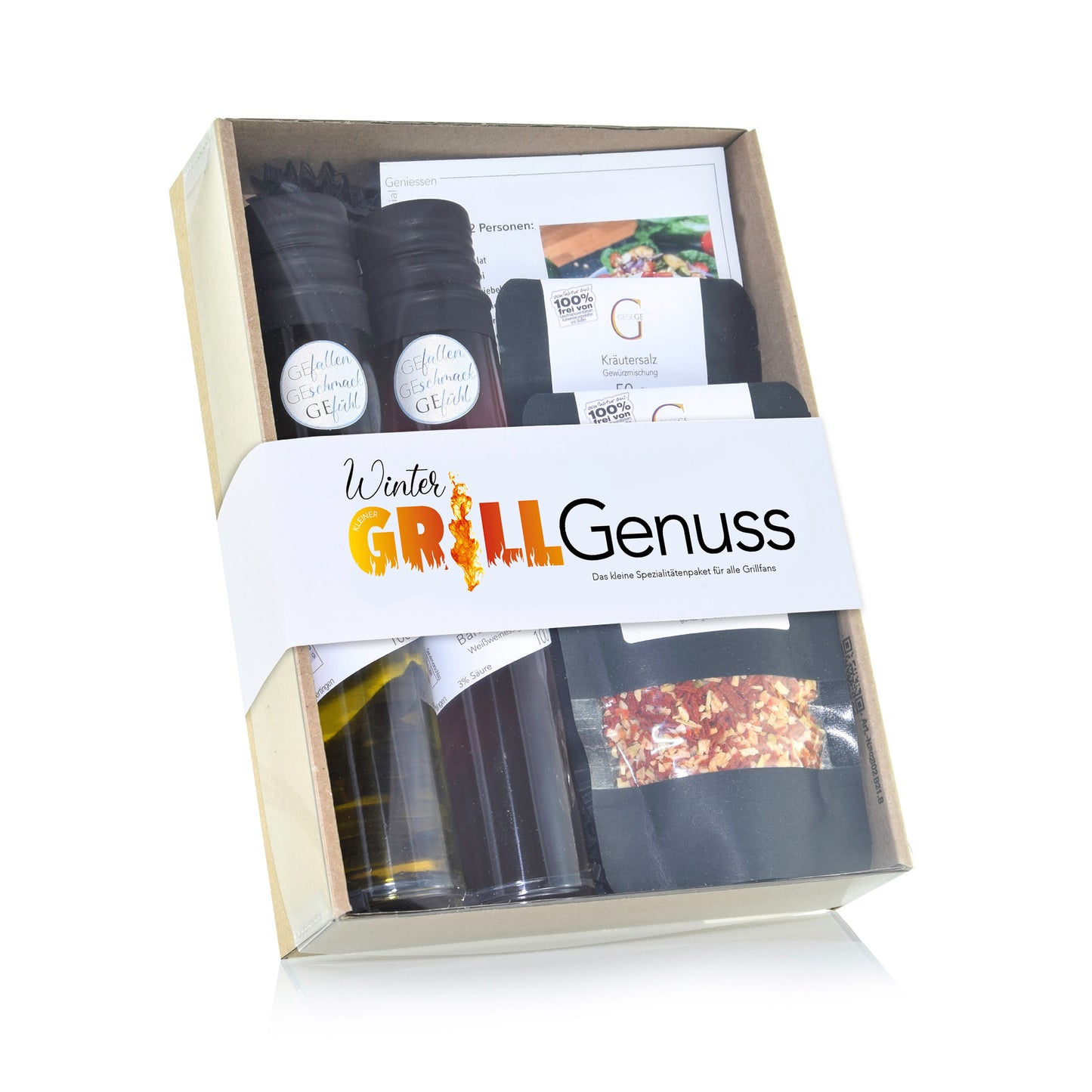 Kleiner Grill Genuss Geschenkset von Genial Genießen mit Barbecue Öl, Bier Balsam, Kräutersalz und Grillgewürzen in hochwertiger Geschenkverpackung für echte Grillfans.