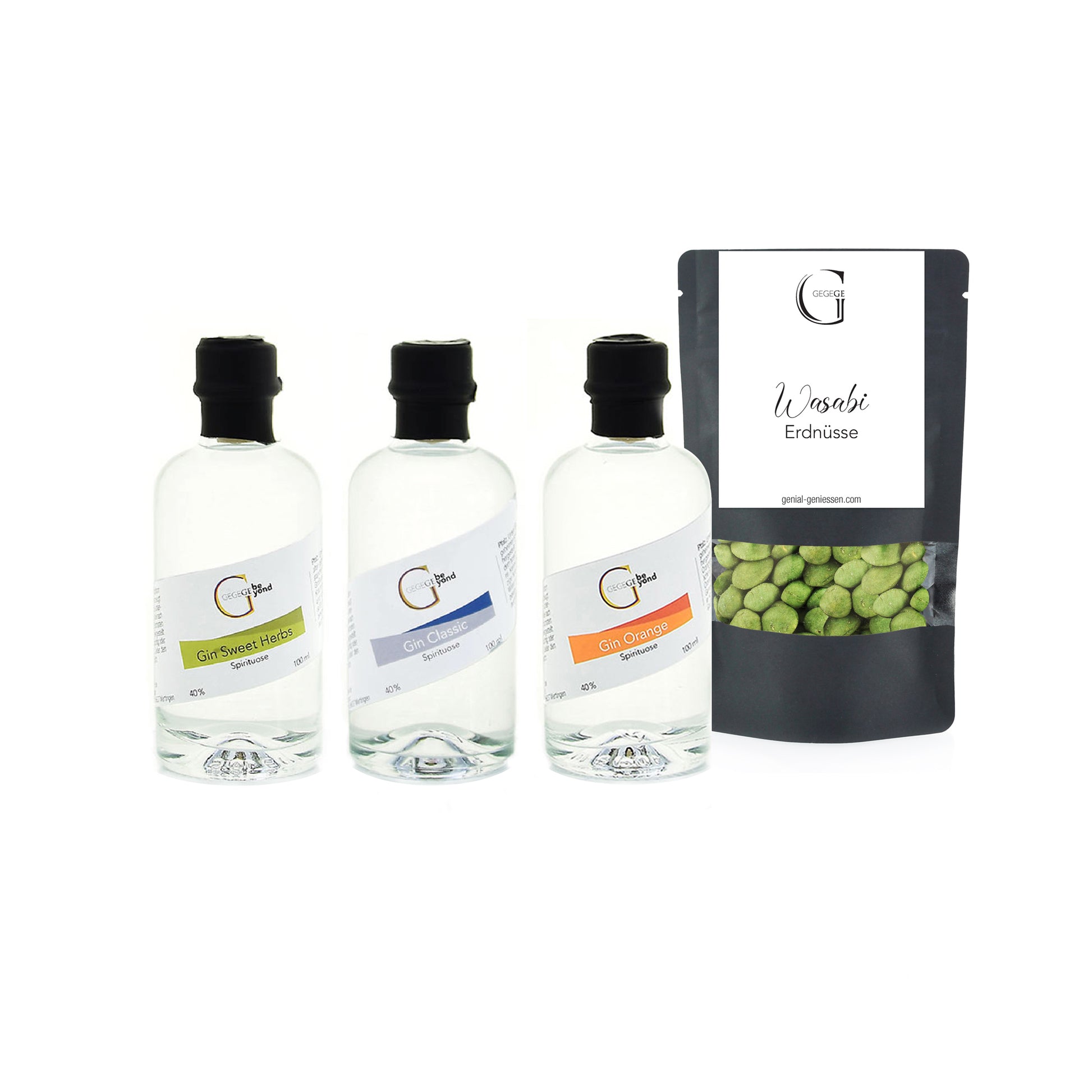 Genussvolles Gin Tasting Set von Genial Genießen mit drei handverlesenen Gins und würzigem Knabbergebäck in dekorativer Geschenkbox für besondere Genussmomente.