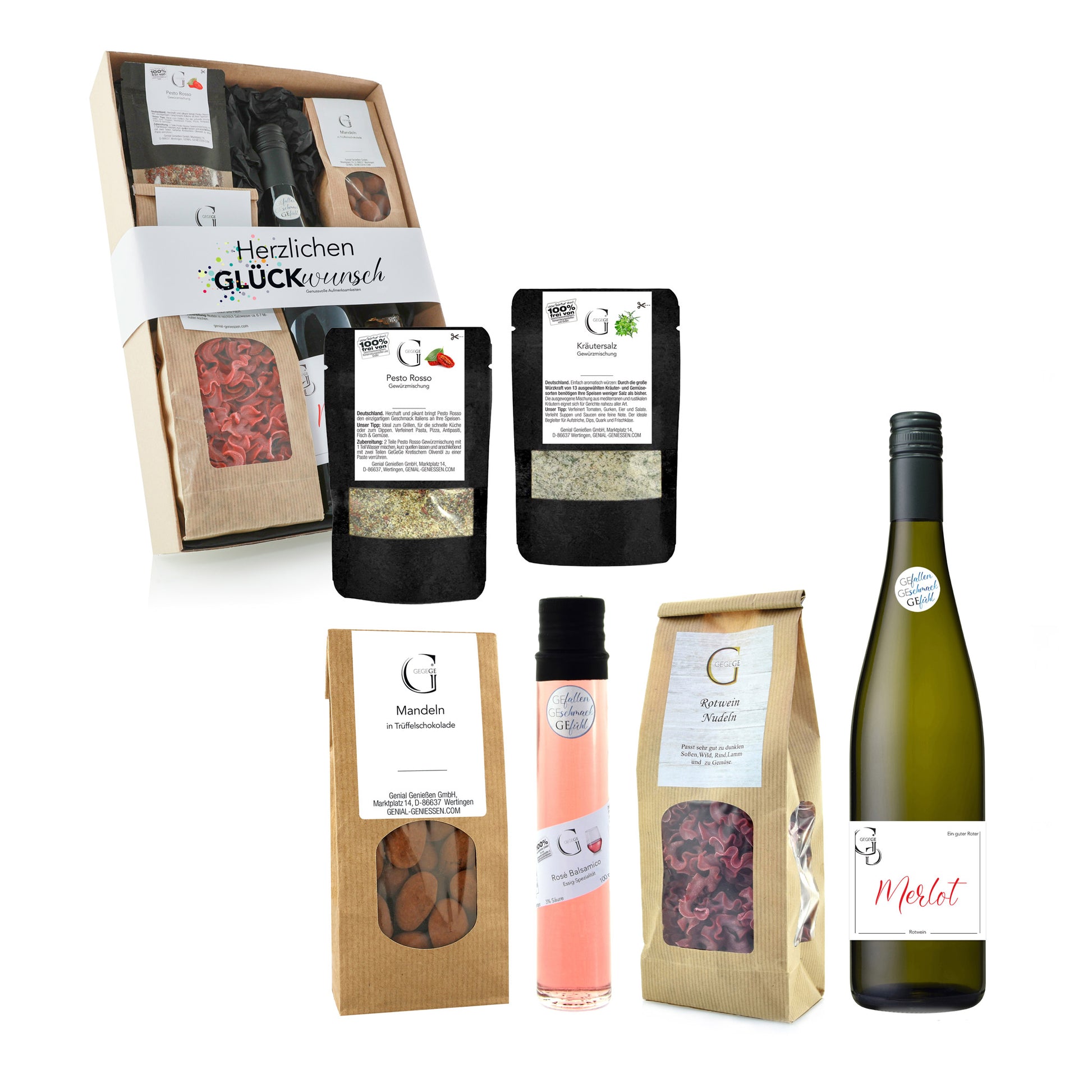 Hochwertiges Glückwunsch Geschenkset von Genial Genießen mit ausgewählten Spezialitäten wie Öl, Essig, Kräutern und süßen Leckereien