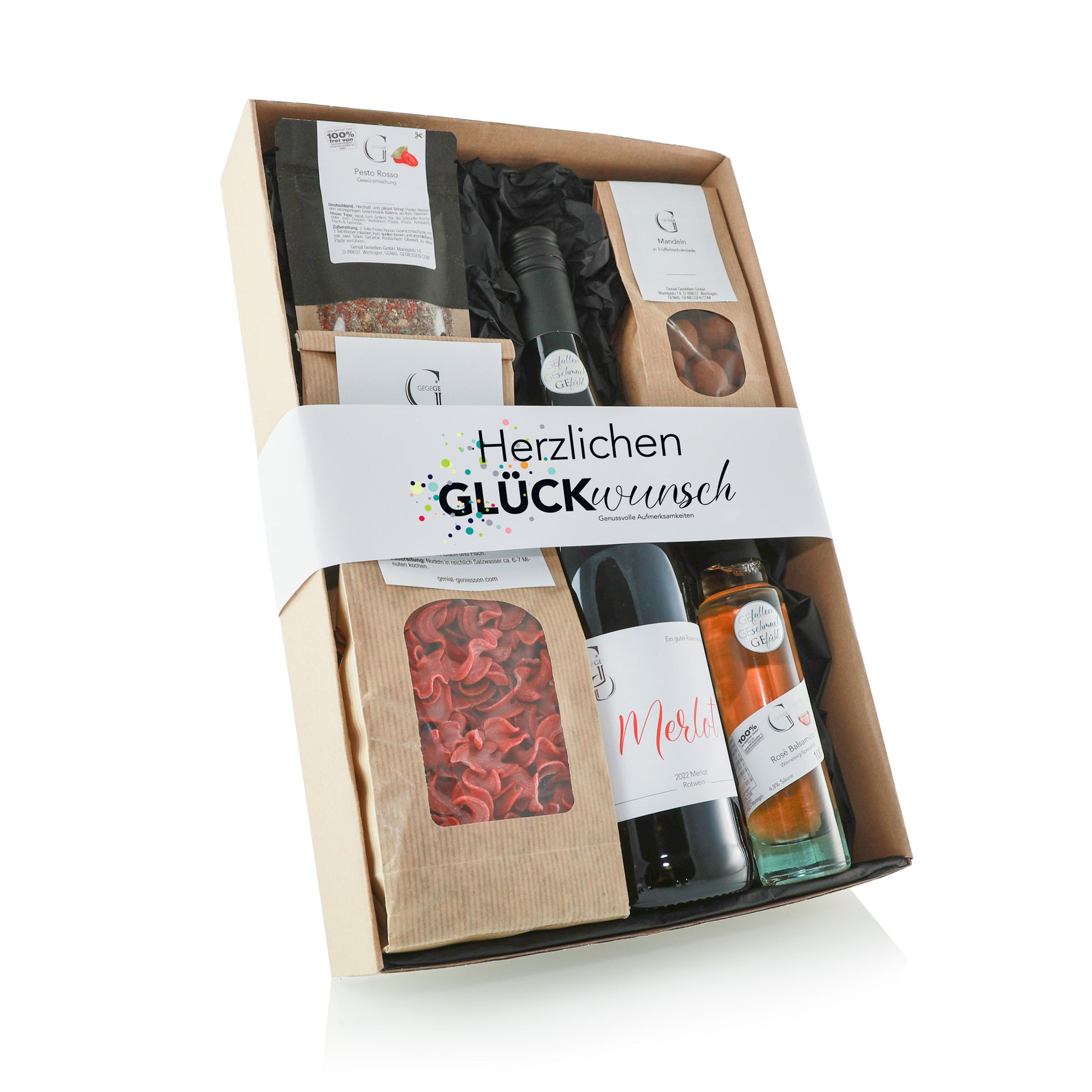 Herzlichen Glückwunsch Geschenkset von Genial Genießen mit Feinkost, Balsamico, Gewürzen und edlen Genussprodukten in Geschenkverpackung