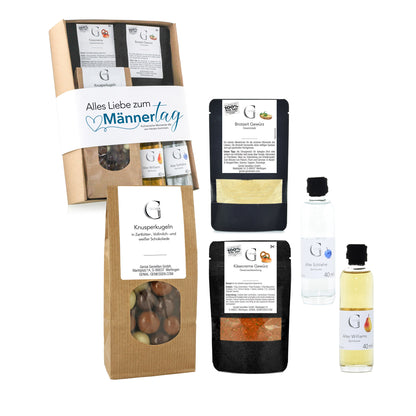 Hochwertiges Vatertags- und Männertags-Geschenkset von Genial Genießen mit Likör, Schokolade, Gewürzen und Snacks, liebevoll zusammengestellt als Geschenk für Genießer.