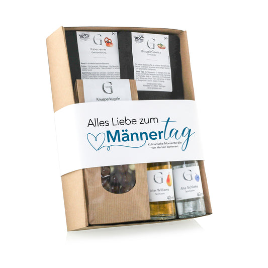 Genial Genießen Vatertag Geschenkset mit ausgewählten Feinkostprodukten, edlen Spirituosen und süßen sowie herzhaften Snacks in dekorativer Geschenkverpackung für besondere Genussmomente.