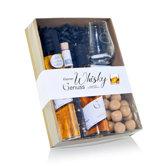 Kleiner Whisky Genuss Geschenkset von Genial Genießen mit Single Malt Whisky, Whisky Balsam, Whisky Kugeln und Nosing Glas in Geschenkverpackung