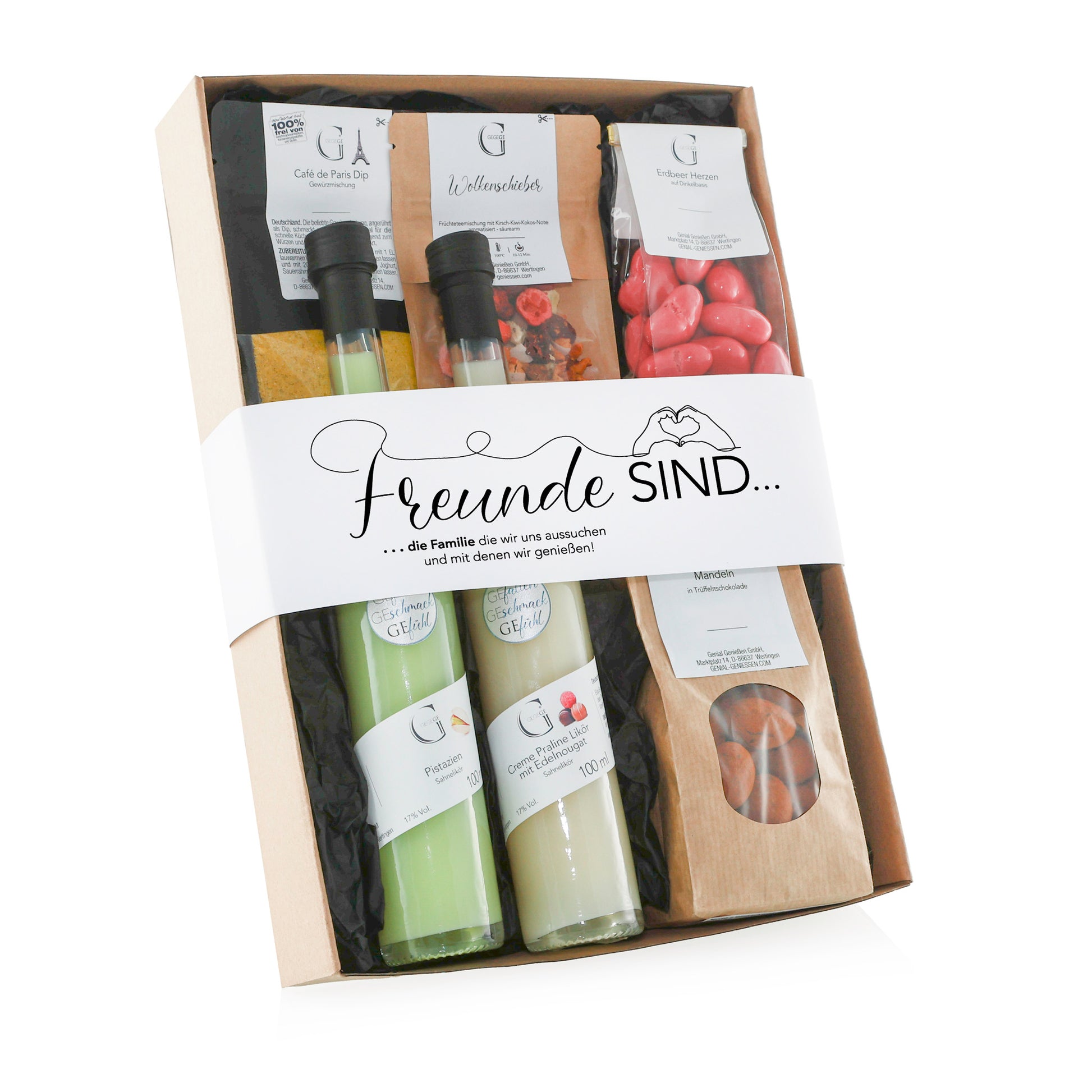 Geschenkset „Freunde sind“ von Genial Genießen mit ausgewählten Feinkostspezialitäten als liebevolle Aufmerksamkeit für besondere Freundschaften und gemeinsame Genussmomente.