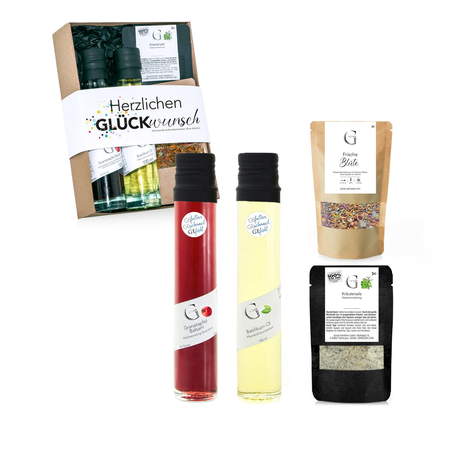 Kleines Glückwunsch Geschenkset Größe S von Genial Genießen mit Feinkost wie Balsamico, Gewürzen und ausgewählten Genussprodukten