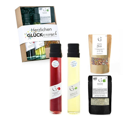 Kleines Glückwunsch Geschenkset Größe S von Genial Genießen mit Feinkost wie Balsamico, Gewürzen und ausgewählten Genussprodukten