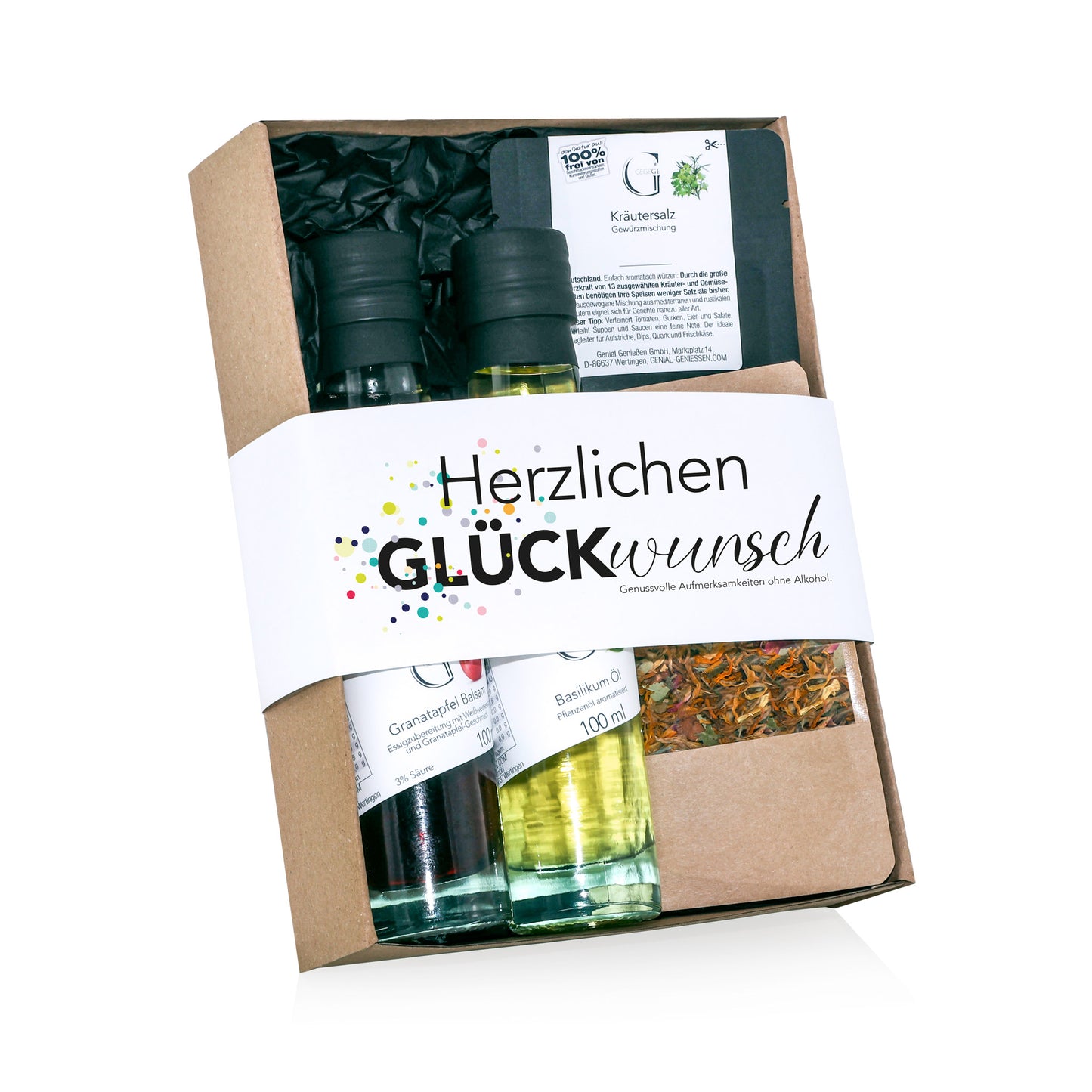 Herzlichen Glückwunsch S Geschenkset von Genial Genießen mit Granatapfel Balsam, Basilikum Öl, Kräutersalz und Kräutertee in Geschenkbox