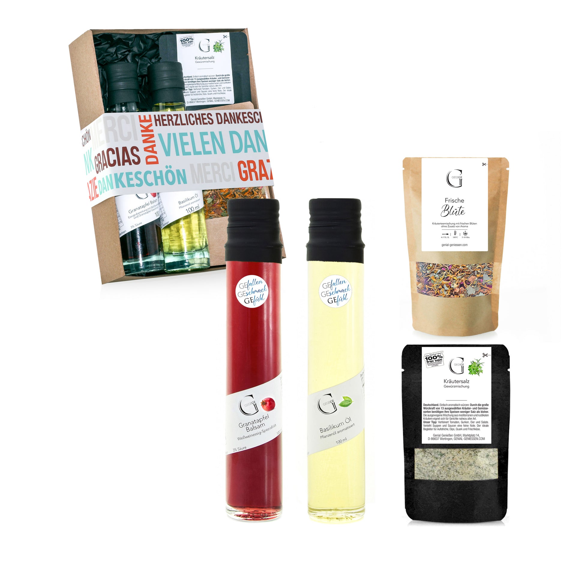 Genussvolles Dankeschön Geschenkset von Genial Genießen mit Granatapfel Balsam, Basilikum Öl und feinen Gewürzen in Geschenkbox