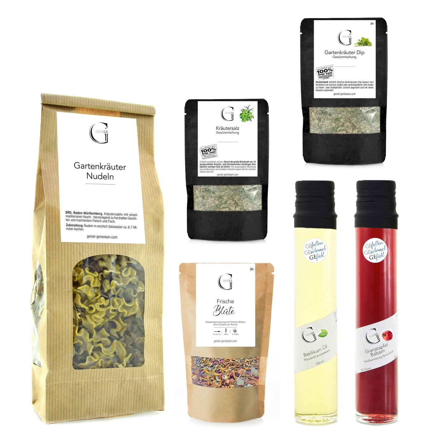 Hochwertiges Dankeschön Geschenkset von Genial Genießen mit ausgewählten Feinkostprodukten wie Balsam, Öl und Kräutertee