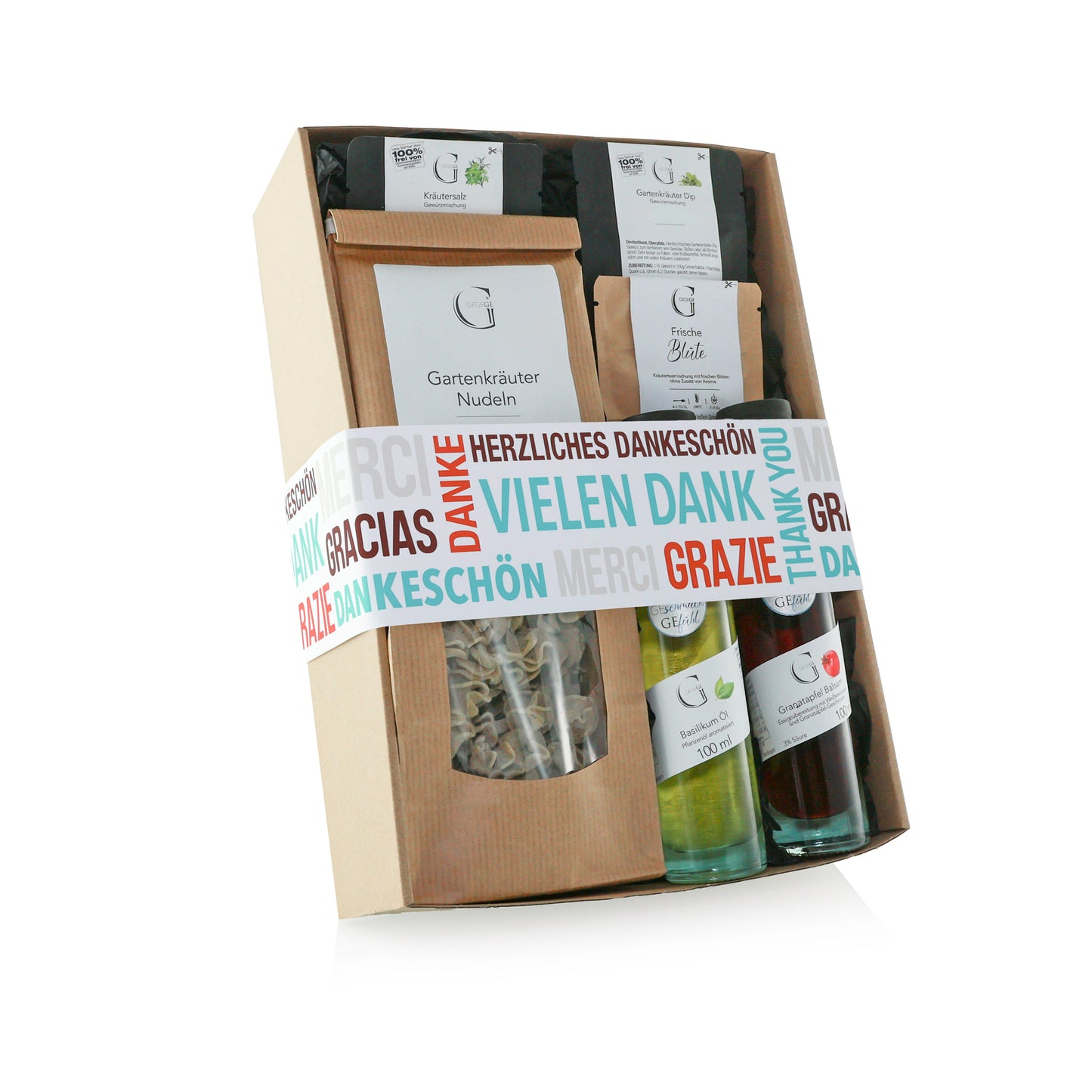 Vielen Dank Geschenkset von Genial Genießen mit Granatapfel Balsam, Basilikum Öl, Kräutersalz und Kräutertee in hochwertiger Geschenkverpackung
