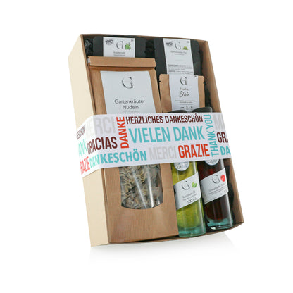Vielen Dank Geschenkset von Genial Genießen mit Granatapfel Balsam, Basilikum Öl, Kräutersalz und Kräutertee in hochwertiger Geschenkverpackung