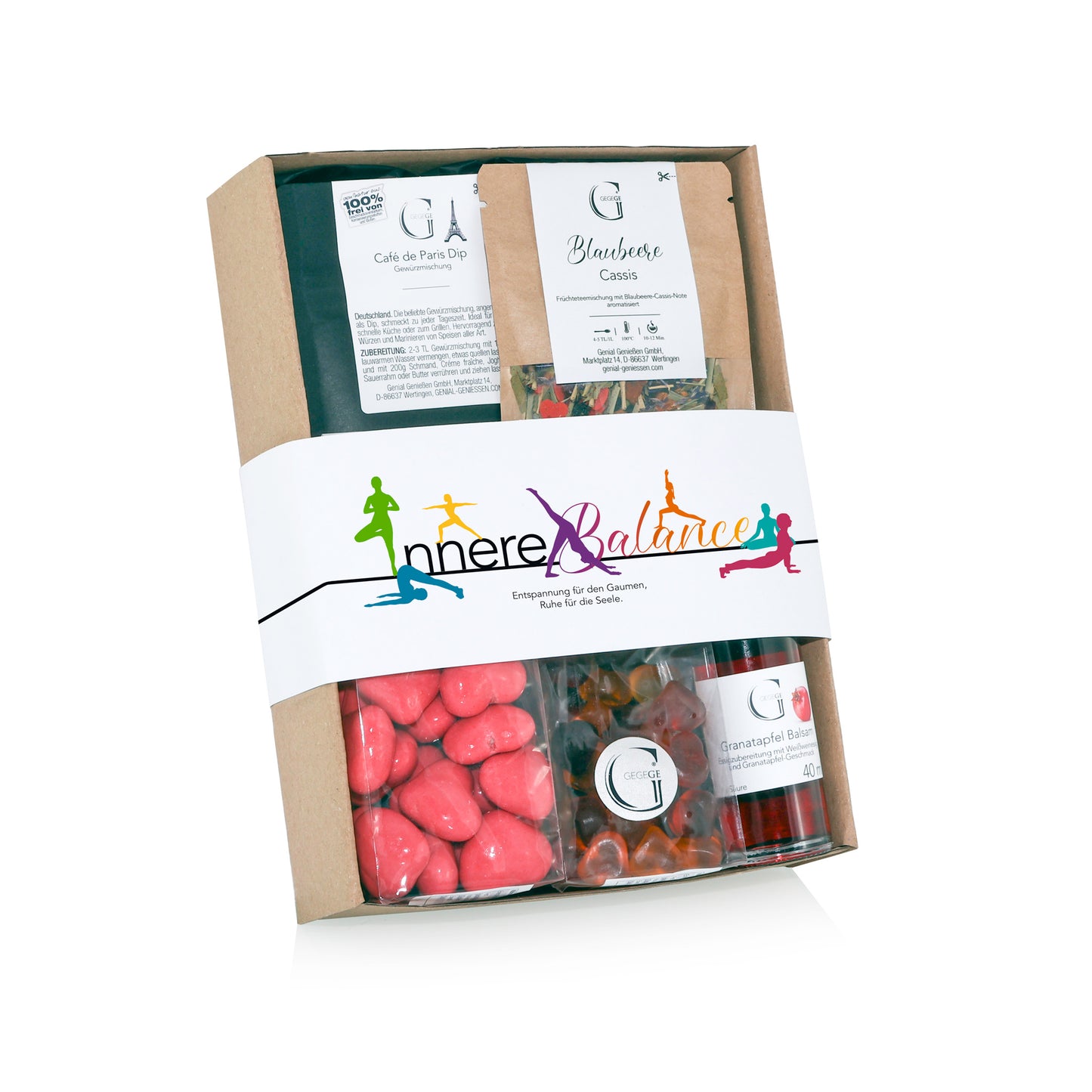 Genial Genießen Hobby-Set „Yoga & Innere Balance“ mit ausgewählten Genussprodukten, Tee, Gewürzen und Feinkostspezialitäten in dekorativer Geschenkverpackung für entspannte Auszeiten und Wohlfühlmomente.