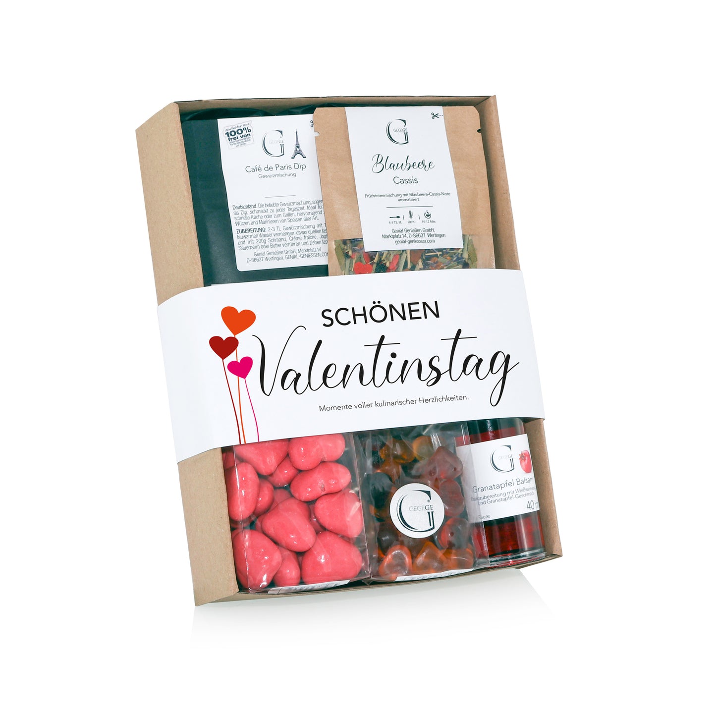 Genial Genießen Valentinstag Geschenkset mit ausgewählten Feinkostspezialitäten wie Dip-Gewürzen, Balsam, Tee und süßen Herz-Snacks in dekorativer Geschenkverpackung für romantische Genussmomente.
