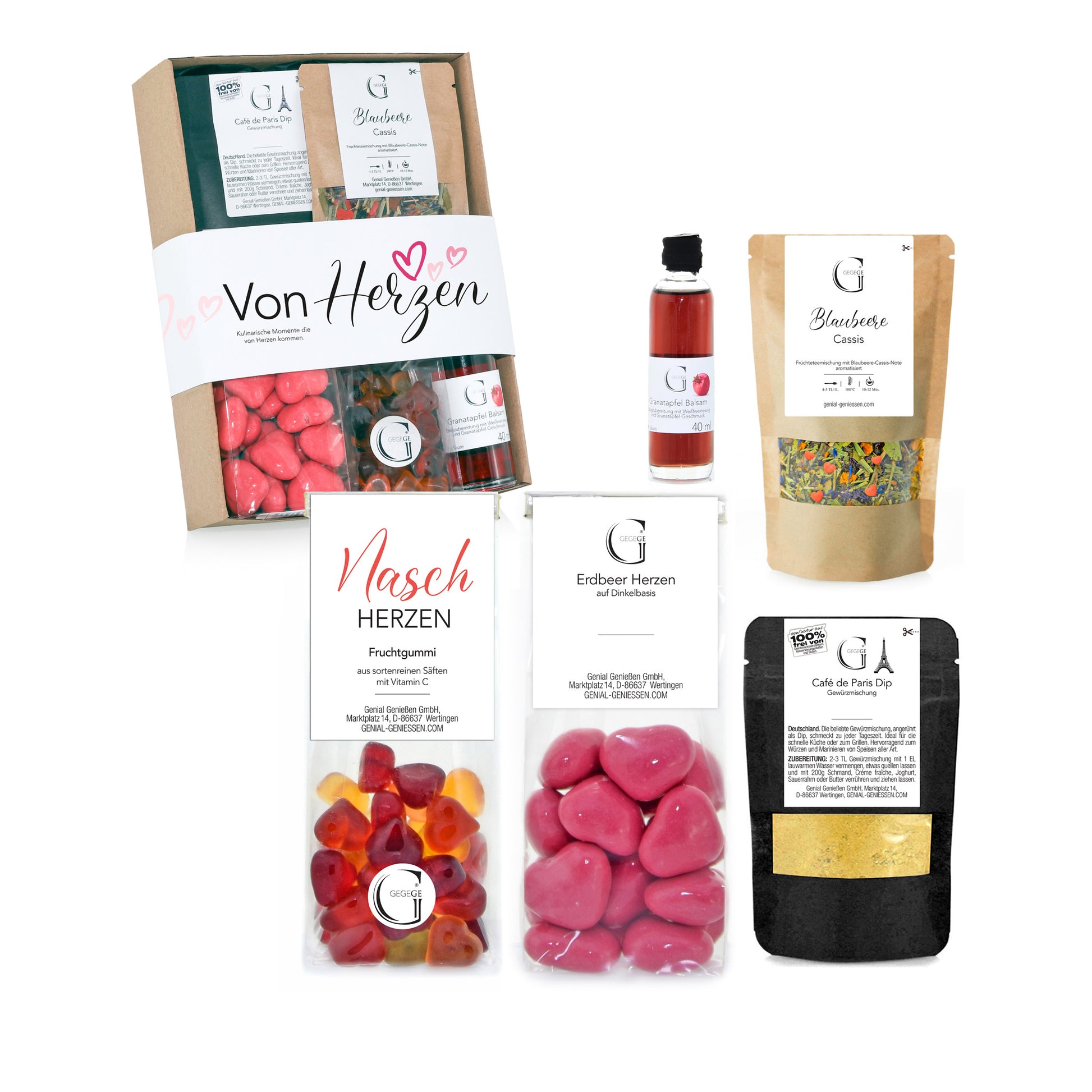 Von Herzen Geschenkbox von Genial Genießen mit Gourmet Gewürzen, Balsam, Tee und herzförmigen Naschereien für besondere Anlässe