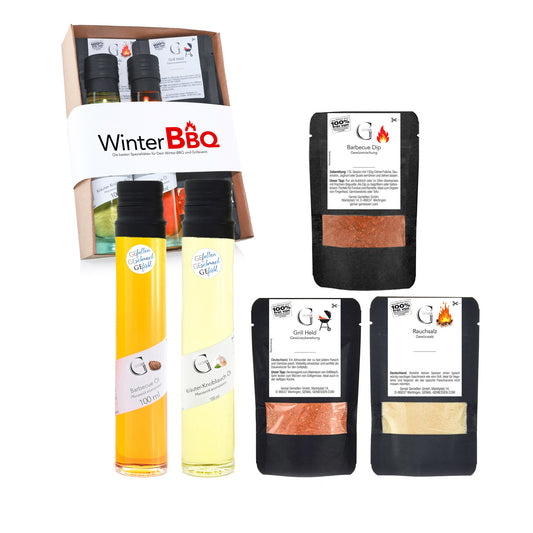 Winterliches Genial Genießen Geschenkset „Winter BBQ“ mit Barbecue-Öl, Kräuter-Knoblauch-Öl, Dip-Gewürz und Grillgewürzen für aromatische BBQ-Momente im Winter.