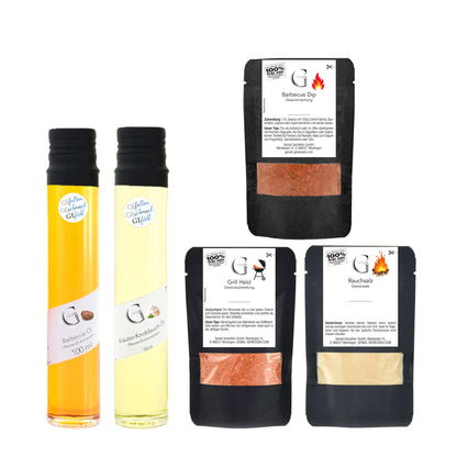 Festliches alkoholfreies Genial Genießen Geschenkset „Winter Grillparty“ mit hochwertigen Grillprodukten und winterlichem Design als Geschenk für Grillfans.