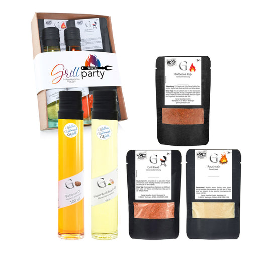 Genial Genießen Winter Grillparty Geschenkset alkoholfrei mit ausgewählten Grillgewürzen, Marinaden und Saucen für ein genussvolles BBQ-Erlebnis in der kalten Jahreszeit.