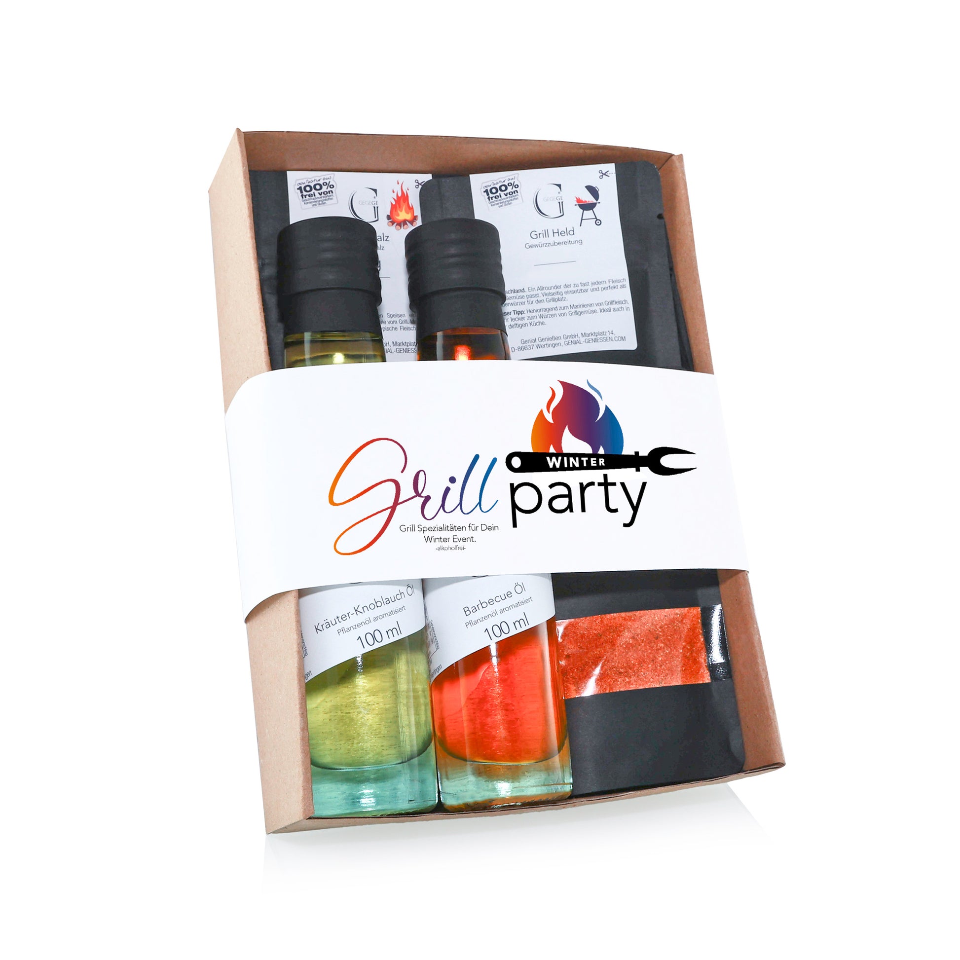 Alkoholfreies Genial Genießen Winter Grillparty Geschenkset mit BBQ-Saucen, Gewürzen und Grillzutaten in festlicher Verpackung für winterliche Grillabende ohne Alkohol.