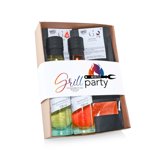 Alkoholfreies Genial Genießen Winter Grillparty Geschenkset mit BBQ-Saucen, Gewürzen und Grillzutaten in festlicher Verpackung für winterliche Grillabende ohne Alkohol.