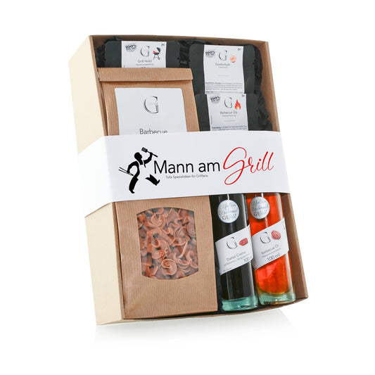 Mann am Grill Geschenkset von Genial Genießen mit Barbecue Öl, Dattel Crema, Grill Held Gewürz und BBQ Nudeln in hochwertiger Geschenkverpackung