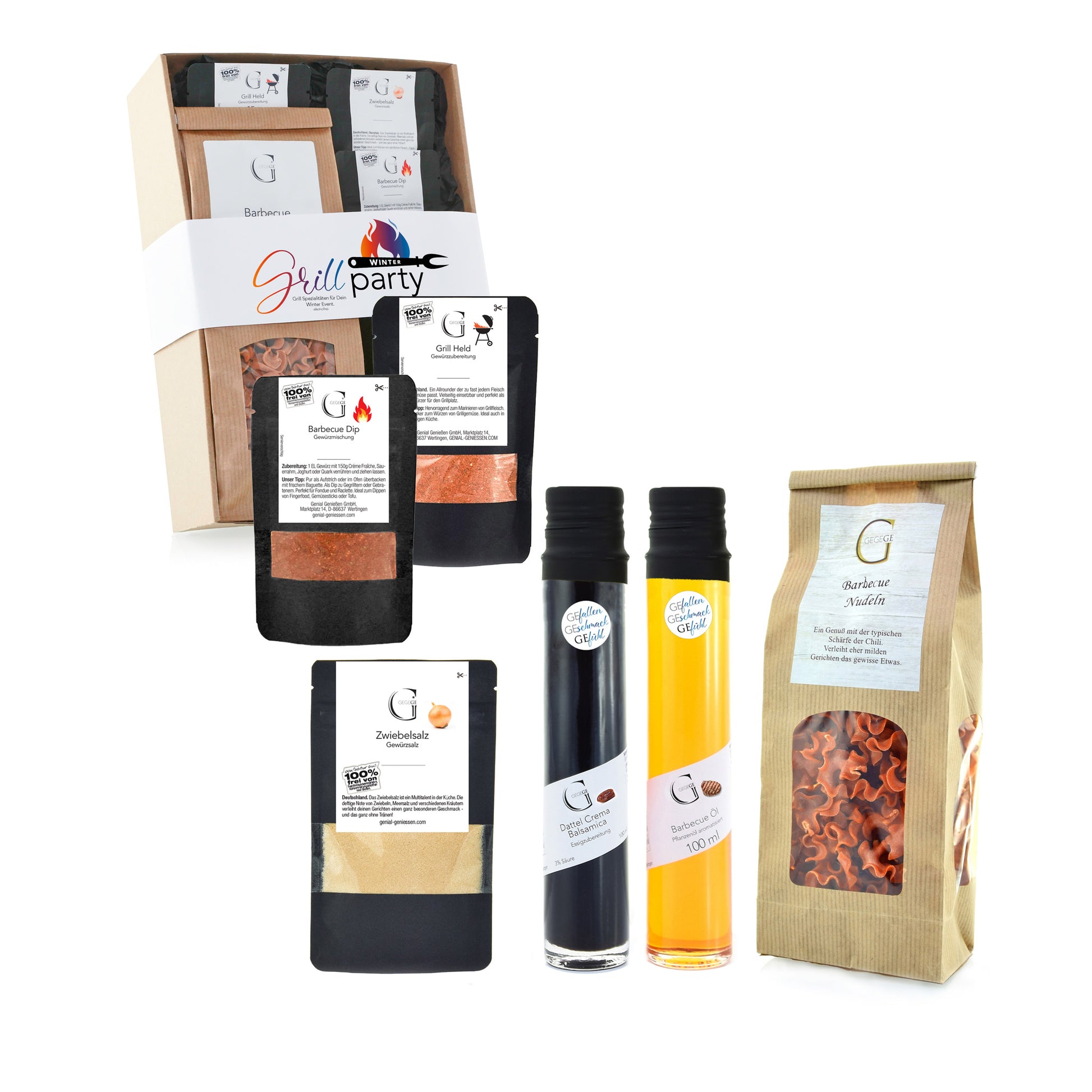 Hochwertiges alkoholfreies Genial Genießen Grill Geschenkset mit Saucen, Rubs und Gewürzmischungen als winterliche Geschenkidee für BBQ-Liebhaber.