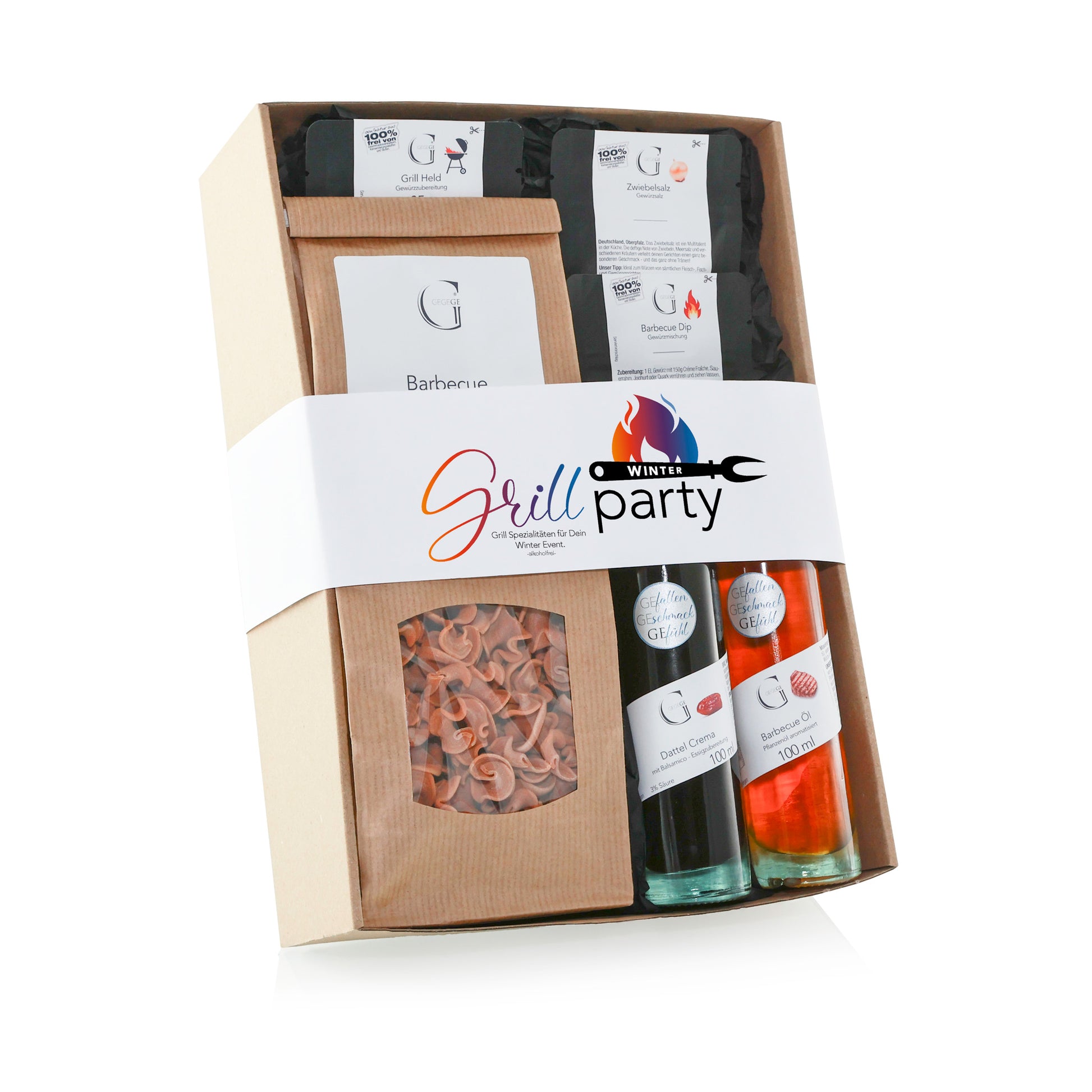 Genial Genießen Winter Grillparty Geschenkbox ohne Alkohol mit vielfältigen BBQ-Spezialitäten und Gewürzen für gemütliche Grillmomente im Winter.