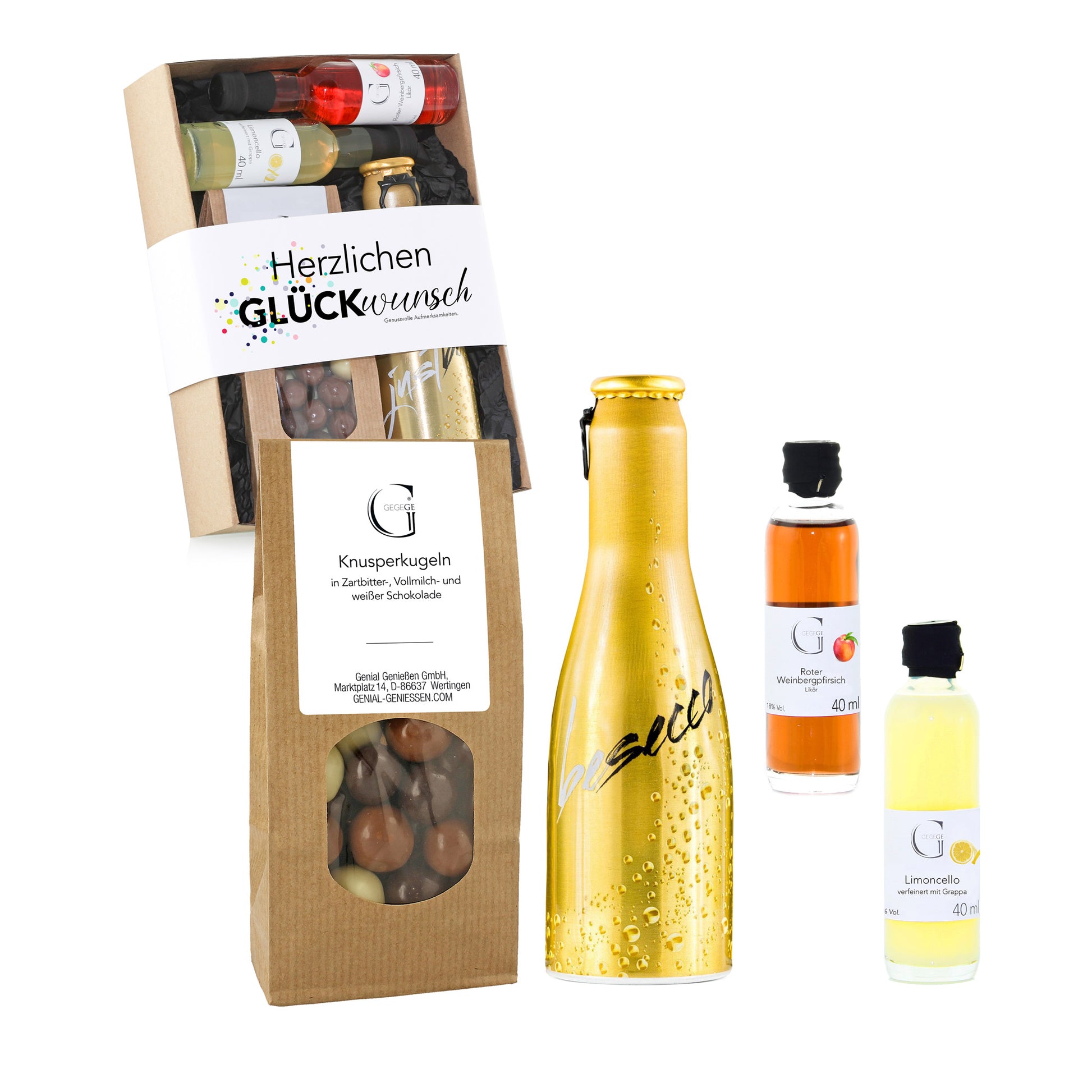 Feinkost Geschenkset von Genial Genießen als Glückwunschgeschenk mit hochwertigen Delikatessen und edler Präsentverpackung