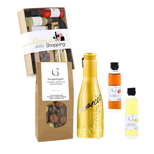 Hochwertiges Geschenkset „Queen of Shopping“ von Genial Genießen mit liebevoll zusammengestellten Delikatessen und kleinen Genussprodukten für eine Auszeit zwischen Einkaufserlebnissen.