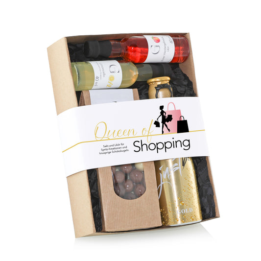 Hobby-Set „Queen of Shopping“ von Genial Genießen mit ausgewählten Feinkostspezialitäten wie fruchtigen Essig-Cremas, aromatischen Ölen und süßen Genussmomenten als stilvolle Begleitung für einen entspannten Shoppingtag.