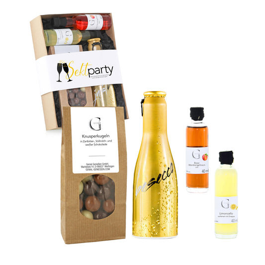 Prickelndes Sekt Geschenkset von Genial Genießen mit Frizzante Secco, fruchtigen Likören und süßer Schokolade für festliche Anlässe und Feiern