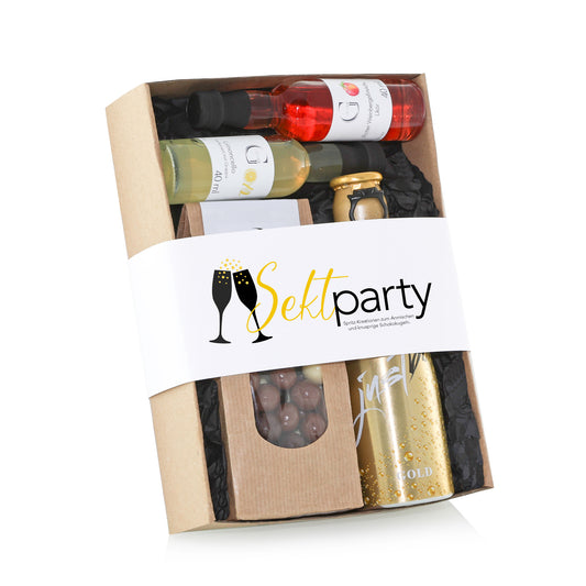 Sektparty Geschenkset von Genial Genießen mit BeSecco Gold, Limoncello Likör, Weinbergpfirsich Likör und Schokoladen Dreiklang in Geschenkbox