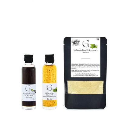 Hochwertiges Genial Genießen Dressing-Set mit italienischen Kräutern, feinem Aceto Balsamico di Modena und aromatischem Gewürzsalz in ansprechender Geschenkverpackung für Genießer der italienischen Küche.