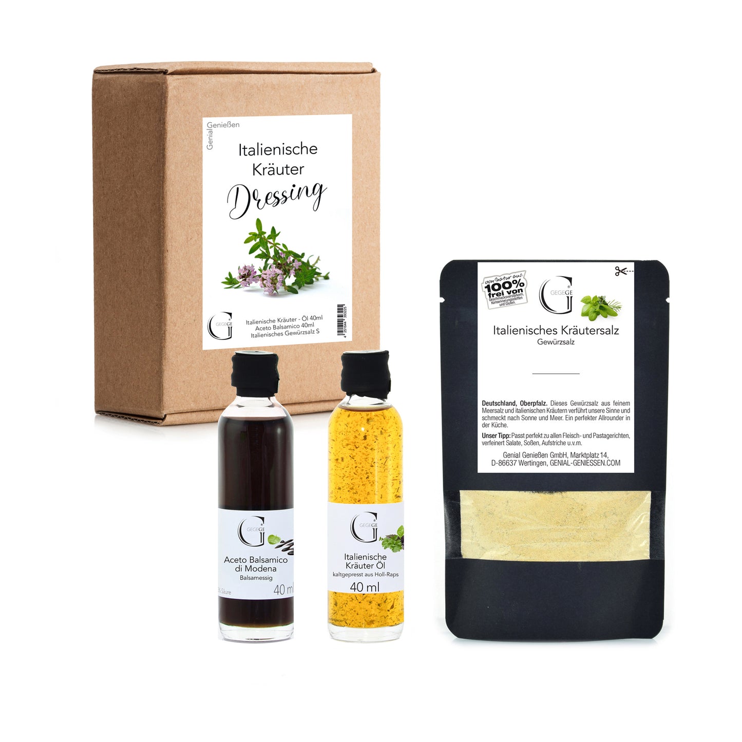 Mediterranes Dressing-Set von Genial Genießen mit ausgewählten italienischen Feinkostspezialitäten, bestehend aus Kräuteröl, Balsamico und italienischem Kräutersalz, stilvoll als Geschenk verpackt