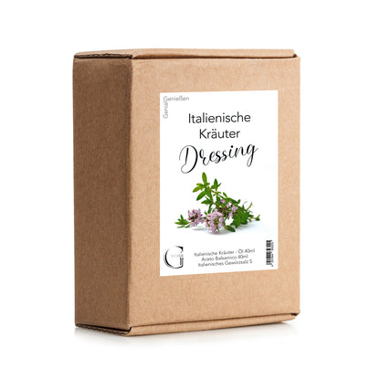 Genial Genießen Italienische Kräuter Dressing-Set in dekorativer Geschenkbox mit italienischem Kräuteröl, Aceto Balsamico di Modena und würzigem Kräutersalz für mediterrane Salate und italienische Gerichte.