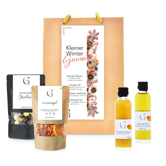 Kleiner Winter Genuss Geschenktüte von Genial Genießen mit Cranberry Tee, Zimtnikoläusen, Hüttenzauber Pflaumenlikör, Marshmallows und Fruchtgummis in Kraftpapiertüte