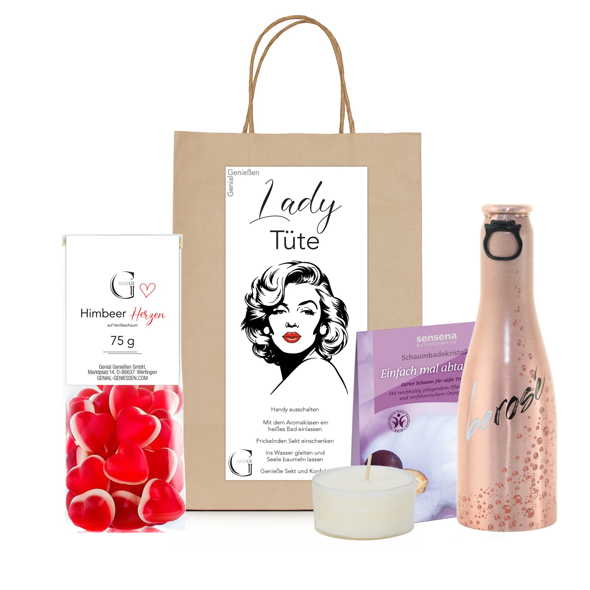 Genial Genießen Lady Tüte als liebevoll zusammengestelltes Geschenkset mit ausgewählten Genuss- und Wellnessprodukten