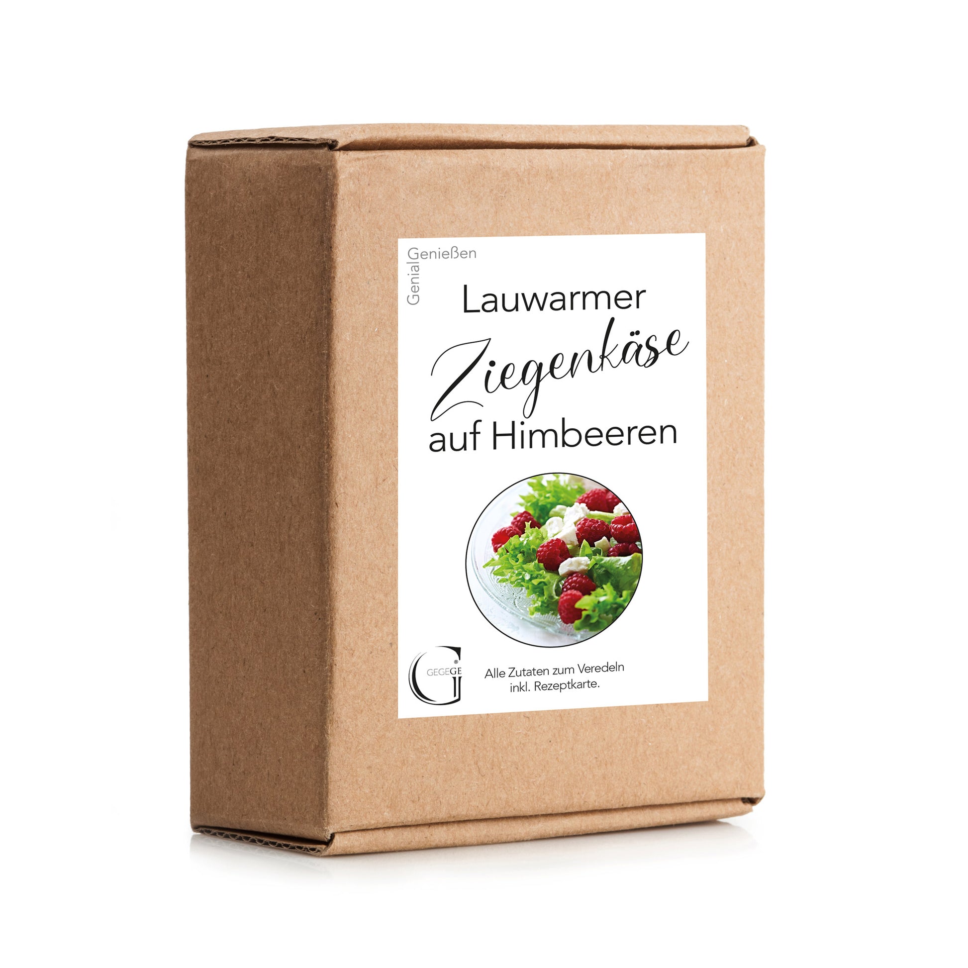 Salat-Box von Genial Genießen für lauwarmen Ziegenkäse auf Himbeeren mit ausgewählten Feinkostspezialitäten für ein fruchtig-cremiges Geschmackserlebnis.