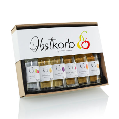 Obstkorb Schnäpse Geschenkset von Genial Genießen mit sechs fruchtigen Obstbränden wie Williams, Mirabelle, Pflaume, Kirsche und Quitte in Geschenkbox