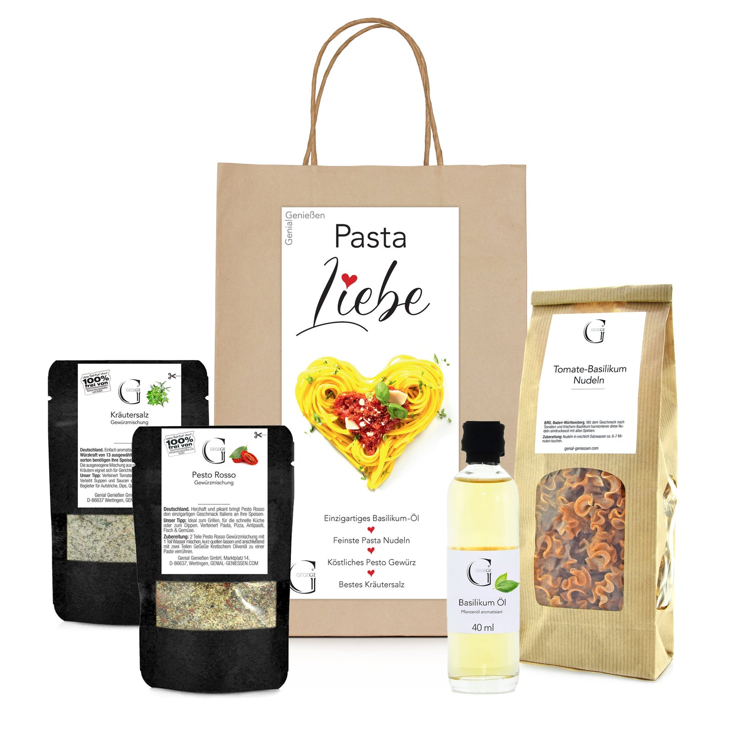 Liebevoll zusammengestelltes Pasta-Geschenkset von Genial Genießen mit ausgewählten Zutaten für mediterranen Nudelgenuss