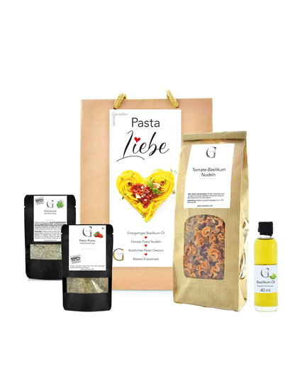 Genial Genießen Pasta Liebe Geschenktüte mit aromatischen Nudeln, Basilikumöl, Pesto-Gewürz und Kräutersalz für echte Pasta-Fans