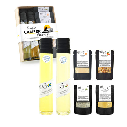 Hochwertiges Camper-Geschenkset von Genial Genießen mit aromatischen Gewürzen, feinen Feinkostzutaten und praktischen Genussprodukten für entspannte Mahlzeiten beim Camping und unterwegs.