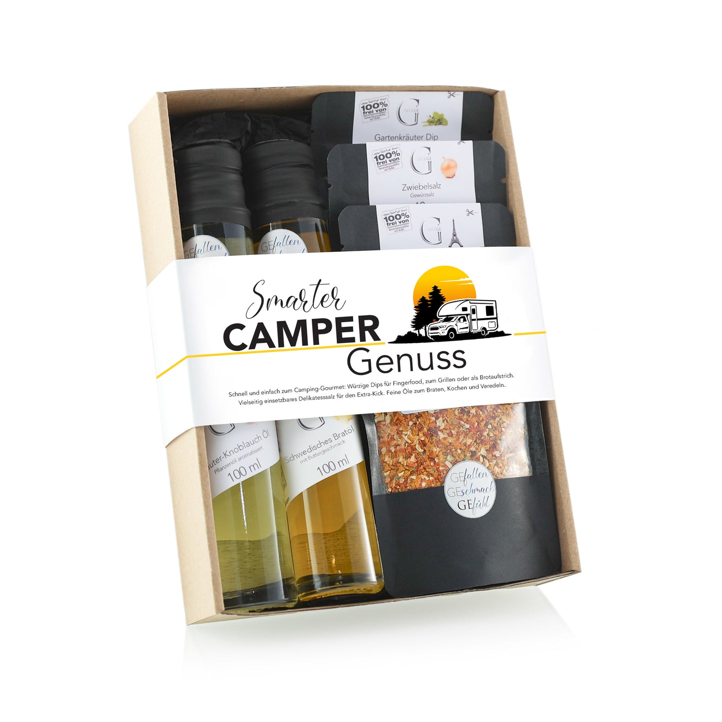 Genial Genießen Smarter Camper Genuss Hobby-Set mit ausgewählten Feinkostprodukten, Gewürzen, Dips und kulinarischen Spezialitäten in dekorativer Geschenkverpackung für Campingfreunde und Outdoor-Genießer.