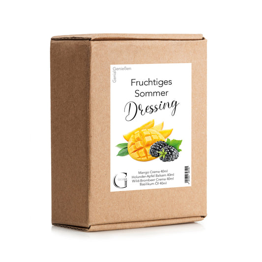 Fruchtiges Sommer-Dressing-Set von Genial Genießen mit Mango Crema, Holunder-Apfel-Limette Balsam, Wild-Brombeer Crema und Basilikum Öl für frische Sommersalate und leichte Gerichte.